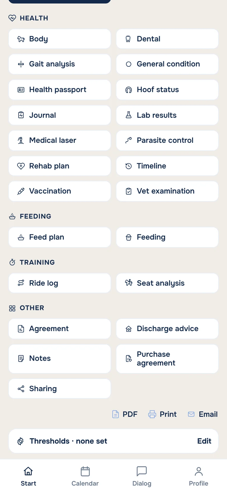 The horse's page with the features under health, feed and training