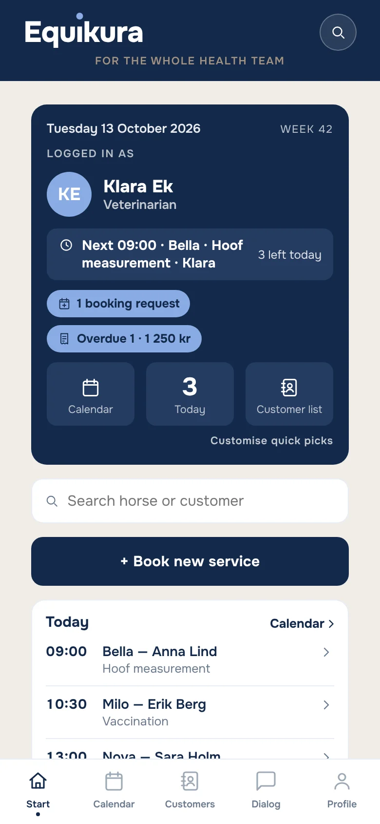 The clinic's home screen with today's date, the next booking, things to handle and three shortcuts