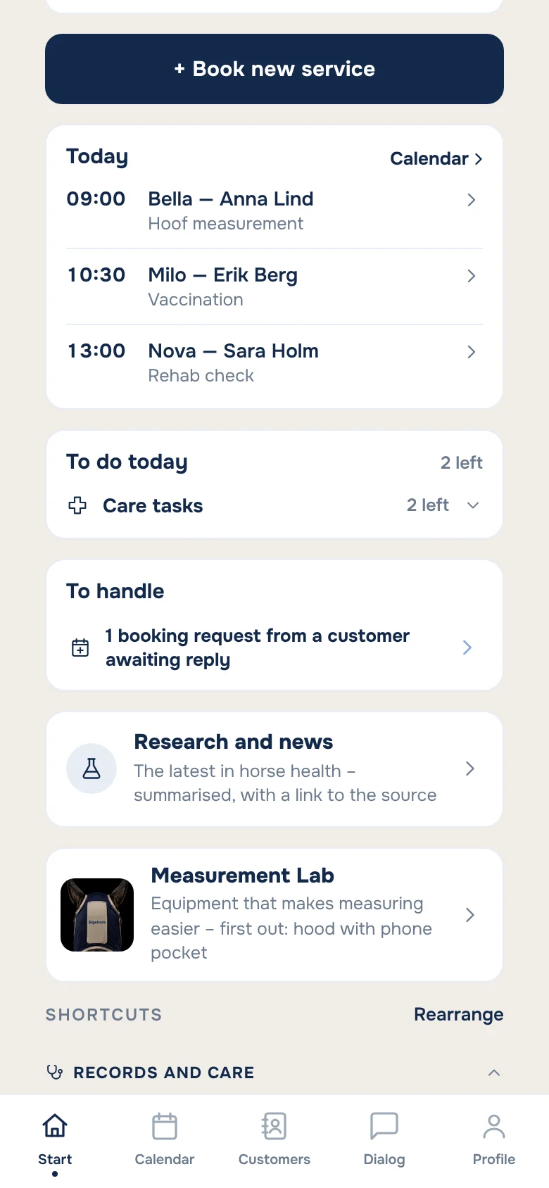 The clinic's home screen with today's bookings