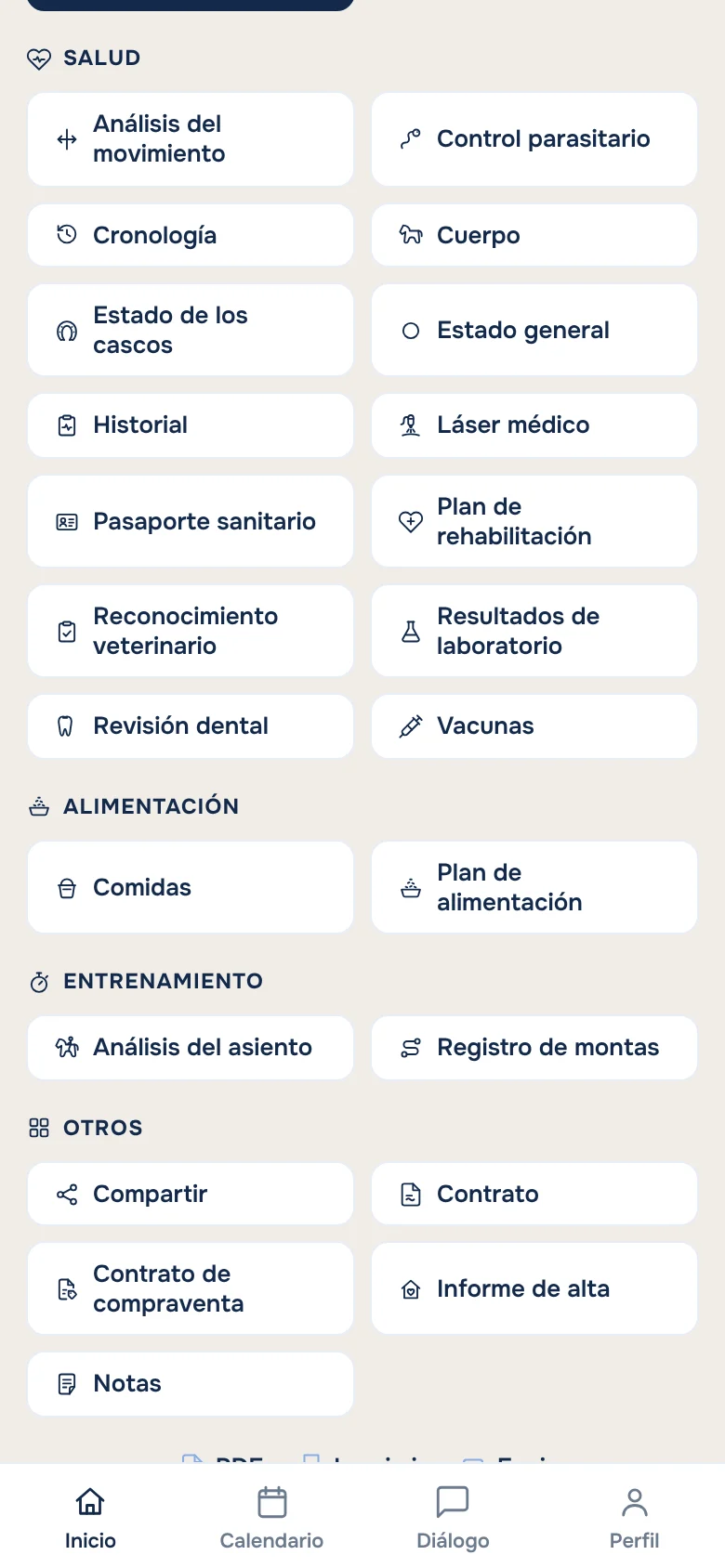 La página del caballo con las funciones de salud, alimentación y entrenamiento