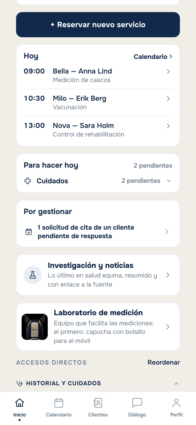 La pantalla de inicio de la clínica con las citas del día