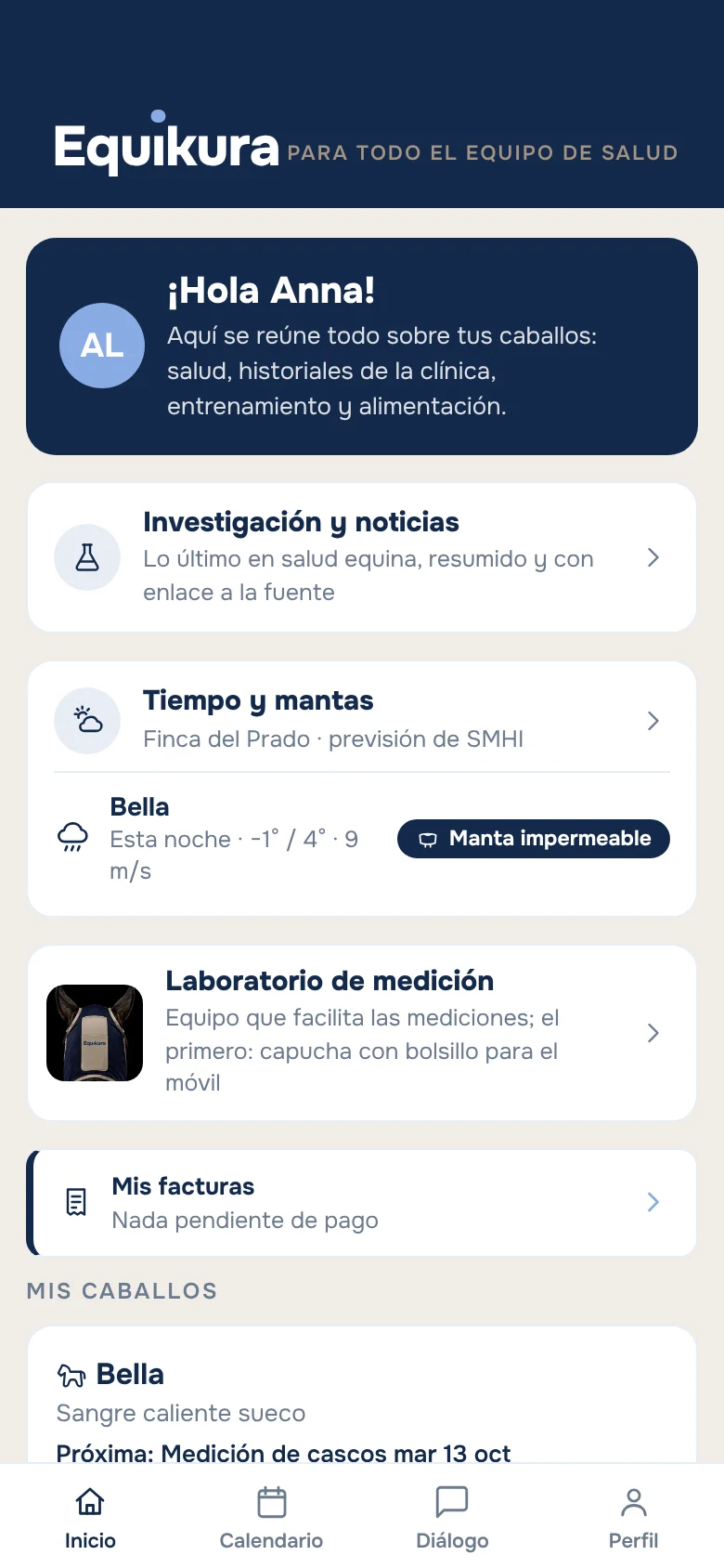 La pantalla de inicio del propietario con Investigación y noticias, Tiempo y mantas y el Laboratorio de medición