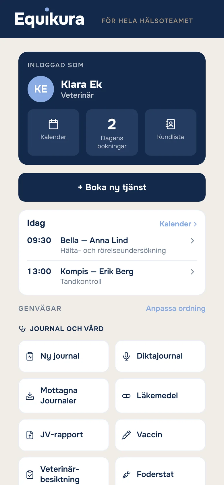 Klinikens startsida med dagens bokningar